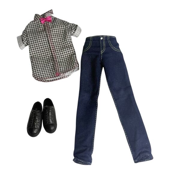 Barbie Fashionista Ken Doll Outfit Checkered Shirt Pink Bow Tie Jeans Shoes Vtg - Picture 2 of 3